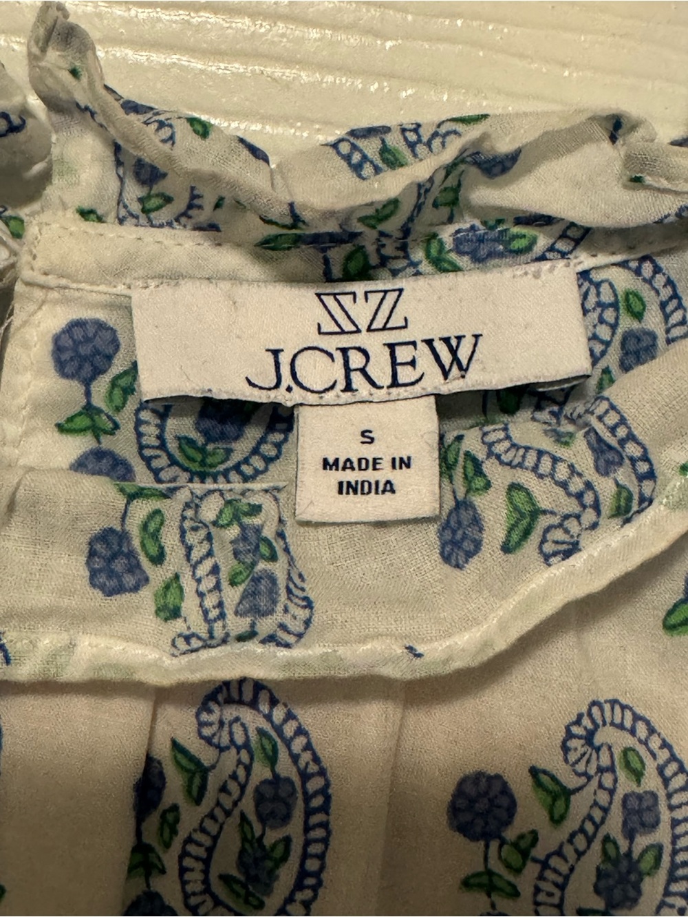 J. Crew White Blouse with Blue Floral Print and Ruffle Neck - Picture 8 of 8